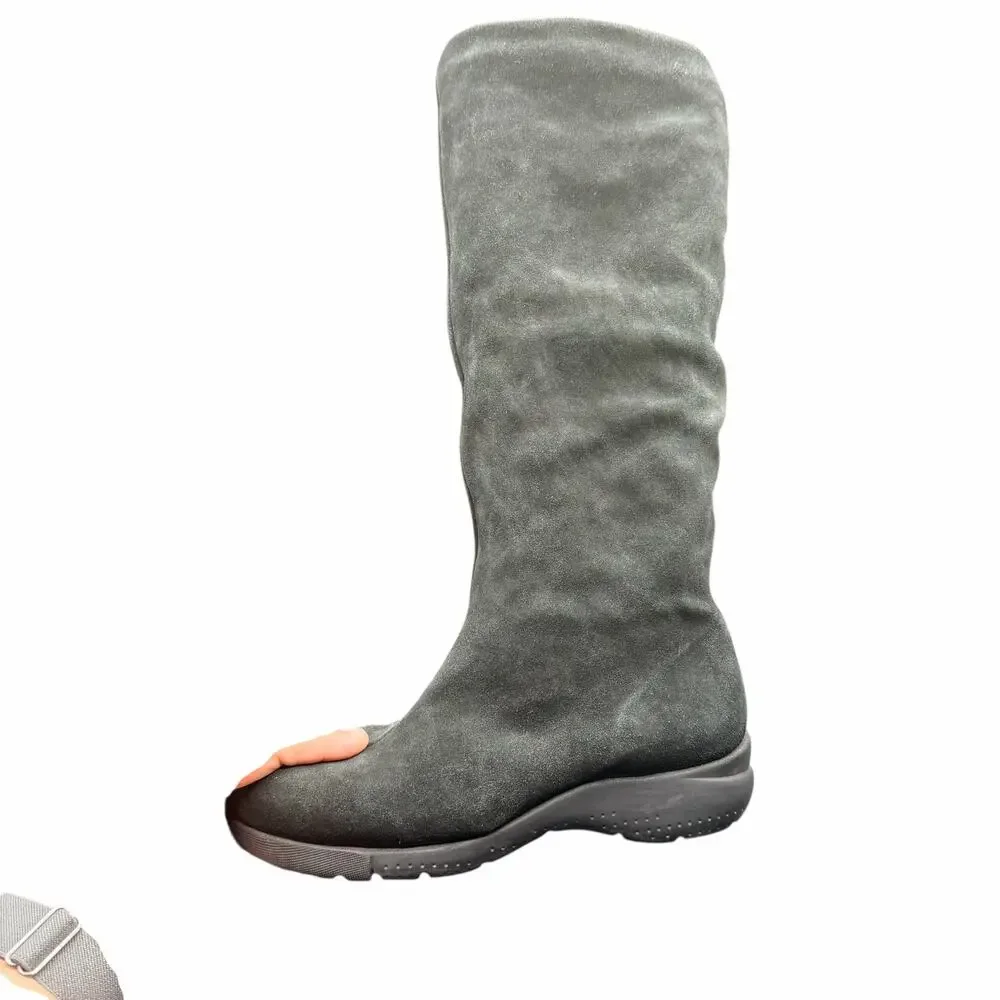 La Canadienne Black Suede Slouch Knee High Boots 6.5W Faux Fur Lined wide width